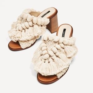 Zara Cream Braided Fringe Block Heel Mules